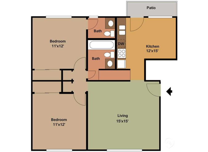 Floor plan for 2 beds, 1 bath, 870 sqft